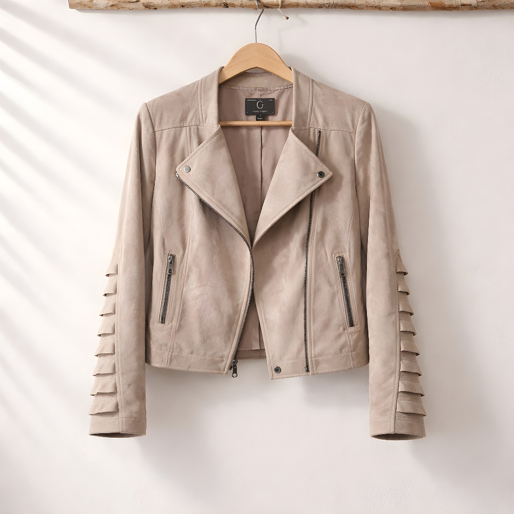 G By Giuliana Womens Tan‎ Italian Inspired Faux Suede Moto Jacket - Size 8